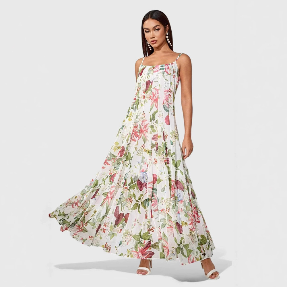 ZARA Spring Summer Womens Spaghetti Strap Fresh Floral Print Long Flared Dress